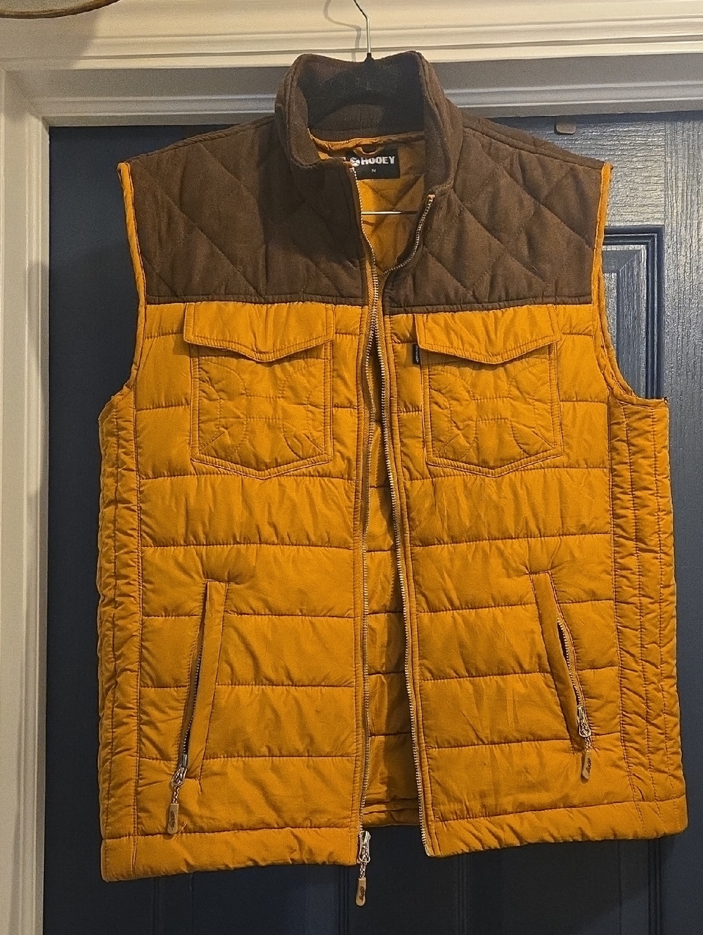 Hooey MED Mens Mustard Yellow Quilted Puffer Vest with Brown Yoke